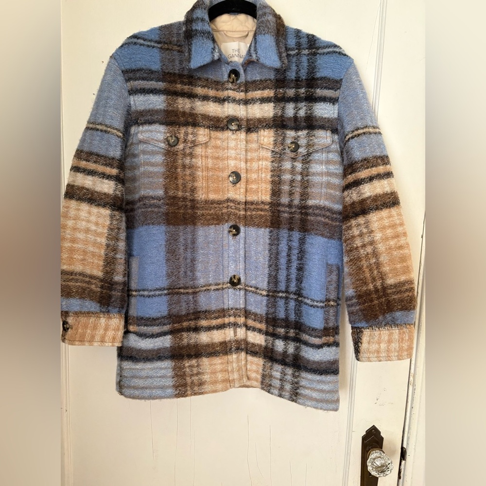 Aritzia Wilfred Free The Ganna Shacket Plaid Wool Jacket Blue Brown 2XS - Picture 3 of 8